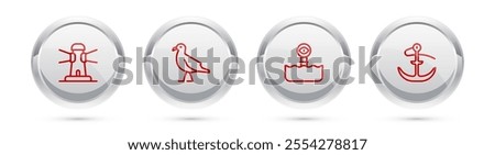 Set line Lighthouse, Bird seagull, Periscope and Anchor. Silver circle button. Vector