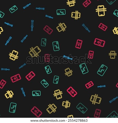 Set line Screwdriver, Mobile with broken screen, Waterproof phone and exclamation mark on seamless pattern. Vector