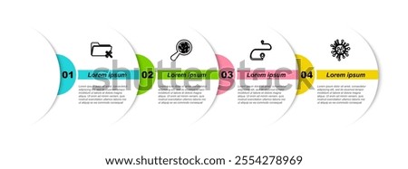 Set line Folder service, Microorganisms under magnifier, Route location and Bacteria. Business infographic template. Vector