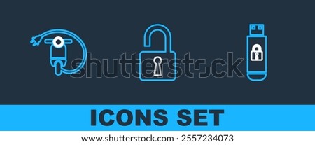 Set line USB flash drive with lock, Electric scooter and Open padlock icon. Vector