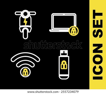 Set line Laptop and lock, USB flash drive with, Wifi locked and Electric scooter icon. Vector