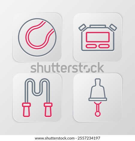 Set line Ringing bell, Jump rope, Stopwatch and Tennis ball icon. Vector