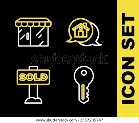 Set line Real estate message house, House key, Hanging sign with text Sold and Market store icon. Vector