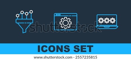 Set line Laptop with password, Sales funnel chart and Browser setting icon. Vector