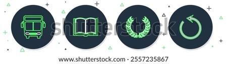 Set line Open book, Laurel wreath, Bus and Refresh icon. Vector