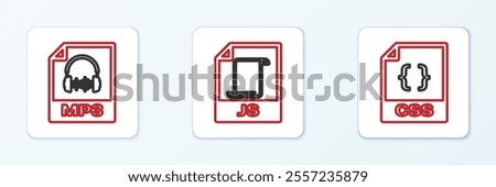 Set line CSS file document, MP3 and JS icon. Vector