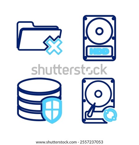 Set line Hard disk drive HDD sync refresh, Database protection,  and Delete folder icon. Vector