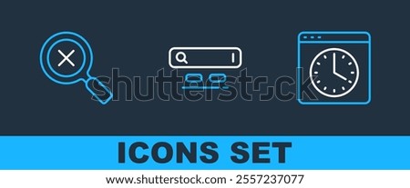 Set line Browser window, Magnifying glass and delete and Search engine icon. Vector