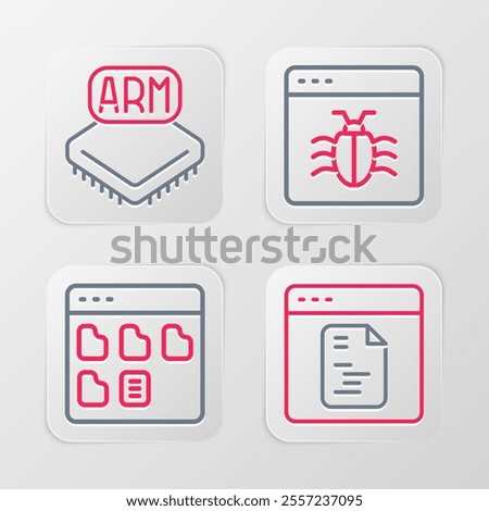 Set line Software, Browser files, System bug and Processor icon. Vector