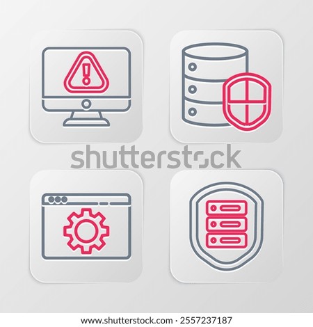 Set line Server with shield, Browser setting,  and Monitor exclamation mark icon. Vector