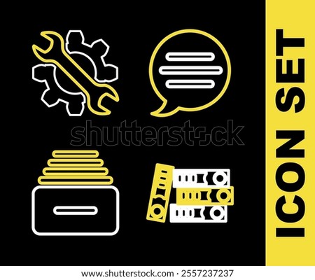 Set line Speech bubble chat, Office folders, Drawer with documents and Wrench and gear icon. Vector