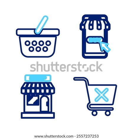 Set line Remove shopping cart, Market store, Mobile and and Shopping basket icon. Vector