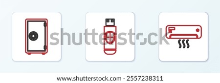 Set line Air conditioner, Safe and USB flash drive and shield icon. Vector