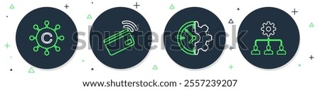 Set line Contactless payment, Clock and gear, Copywriting network and Lead management icon. Vector