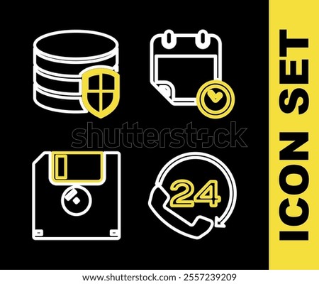 Set line Calendar and clock, Telephone 24 hours support, Floppy disk and Database protection icon. Vector