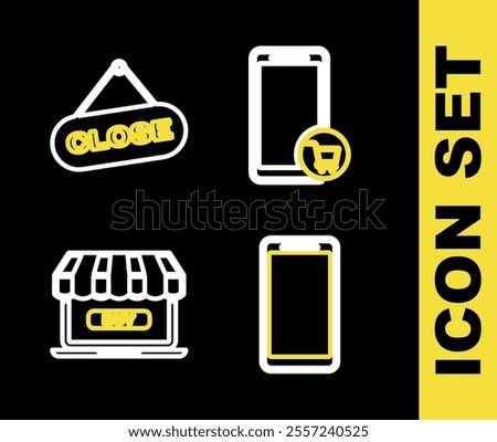 Set line Mobile and shopping cart, Smartphone, mobile phone, Online and Hanging sign with Close icon. Vector