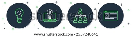 Set line Light bulb with dollar on laptop, Hierarchy organogram chart, Head lamp and Browser window icon. Vector