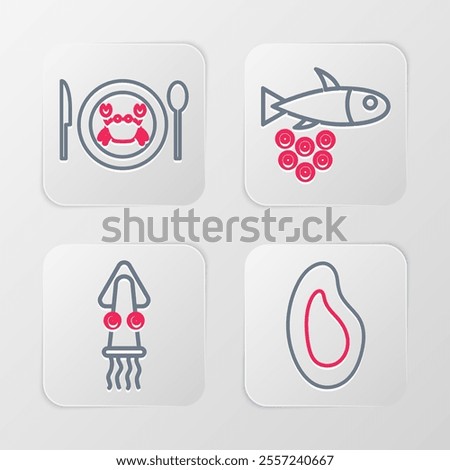 Set line Mussel, Octopus, Fish with caviar and Served crab on plate icon. Vector