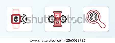 Set line Magnifying glass and dollar, Contactless payment and Hourglass gear icon. Vector