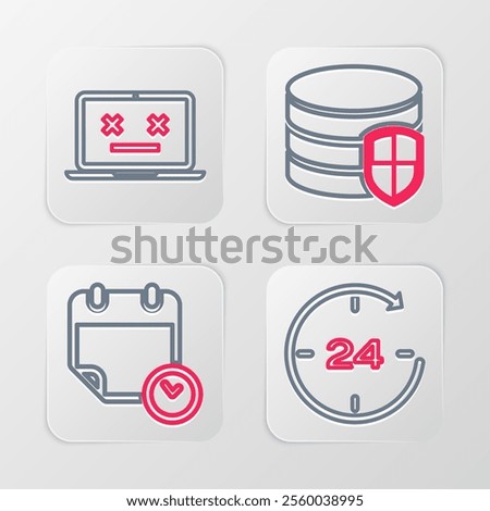 Set line Clock 24 hours, Calendar and clock, Database protection and Dead laptop icon. Vector