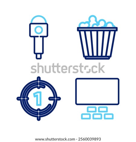 Set line Cinema auditorium with seats, Old film movie countdown frame, Popcorn box and Microphone icon. Vector