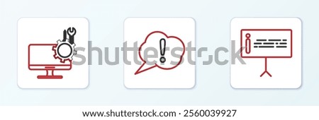 Set line Information, Computer monitor service and Speech bubble Exclamation icon. Vector