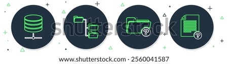 Set line Folder tree, Unknown directory, Server, Data, Web Hosting and document icon. Vector