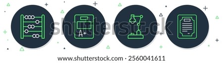 Set line Exam sheet with A plus grade, Table lamp, Abacus and Certificate template icon. Vector