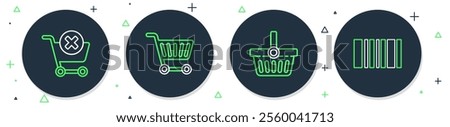 Set line Shopping cart, basket, Remove shopping and Barcode icon. Vector