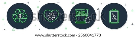 Set line Eco friendly heart, Oil barrel, Battery with recycle and nature leaf and battery icon. Vector