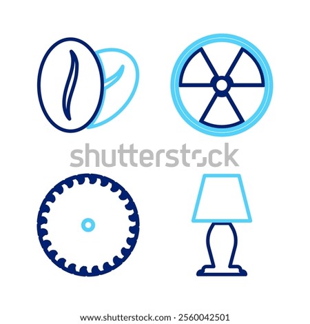 Set line Table lamp, Circular saw blade, Radioactive and Coffee beans icon. Vector