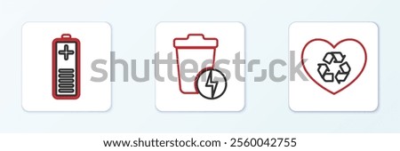 Set line Eco friendly heart, Battery charge level indicator and Lightning with trash can icon. Vector