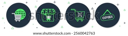 Set line Market store with shopping cart, Remove, Shopping globe and Hanging sign Open door icon. Vector