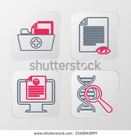 Set line DNA research, search, Clinical record on monitor, Paper page with eye and Health folder icon. Vector