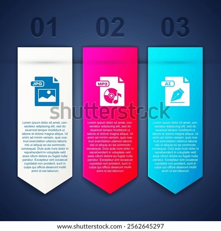 Set JPG file document, MP3 and AI. Business infographic template. Vector