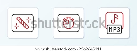 Set line MP3 file, Photo retouching and Stopwatch icon. Vector