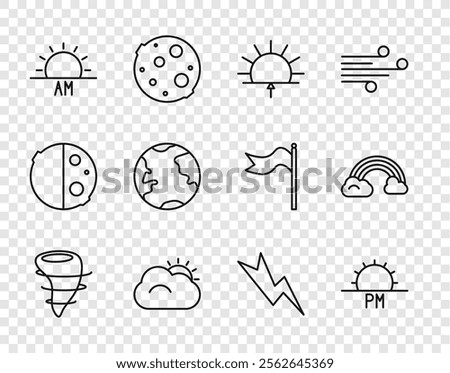 Set line Tornado, Sunset, Sunrise, and cloud, Earth globe, Lightning bolt and Rainbow with clouds icon. Vector