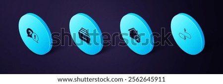 Set Isometric Route location, House service, Drawer with documents and Question and Exclamation icon. Vector