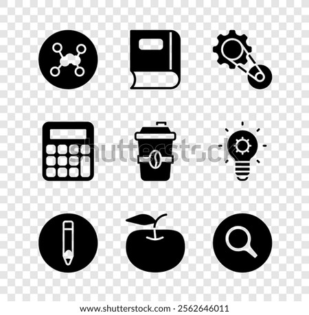 Set Chemical formula, Book, Timing belt kit, Pencil, Apple, Magnifying glass, Calculator and Coffee cup go icon. Vector