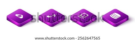 Set Isometric Cloud database, Music note, tone, Hard disk drive HDD sync refresh and Database icon. Vector