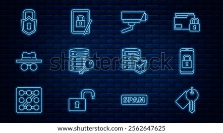 Set line Marked key, Mobile with closed padlock, Security camera, Server security, Incognito mode, Lock, shield and Tablet icon. Vector