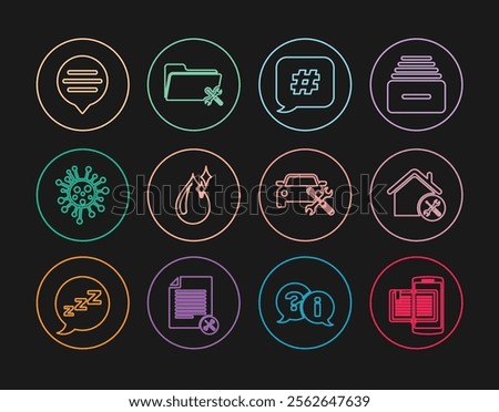 Set line Smartphone and book, House service, Hashtag speech bubble, Clean water drop, Bacteria, Speech chat, Car and Folder icon. Vector