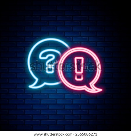 Glowing neon line Speech bubbles with Question and Exclamation icon isolated on brick wall background. FAQ sign. Copy files, chat speech bubble and chart. Colorful outline concept. Vector