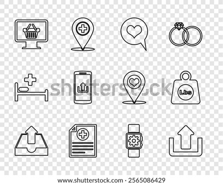 Set line Upload inbox, Heart speech bubble, Clinical record, Monitor with shopping basket, Smartphone upload, Smartwatch setting and Weight pounds icon. Vector