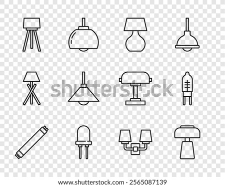 Set line Fluorescent lamp, Table, Light emitting diode, Floor, Lamp hanging, Wall sconce and  icon. Vector