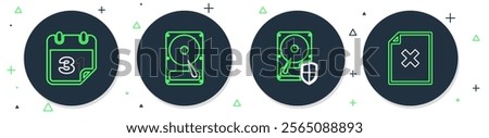 Set line Hard disk drive HDD, protection, Calendar and Delete file document icon. Vector