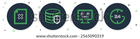 Set line Database protection, Dead monitor, Delete file document and Clock 24 hours icon. Vector