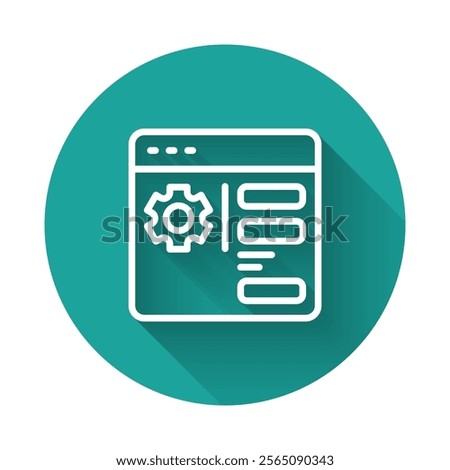 White line Browser setting icon isolated with long shadow background. Adjusting, service, maintenance, repair, fixing. Green circle button. Vector