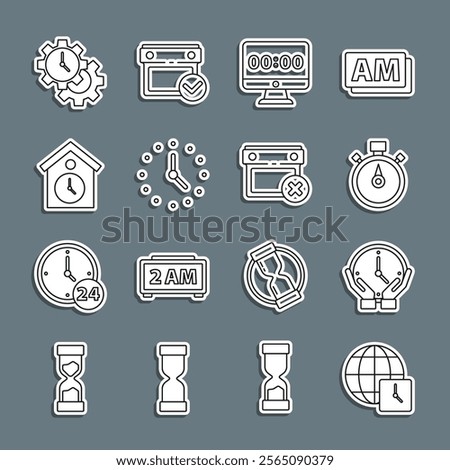 Set line World time, Clock, Stopwatch, on monitor, Retro wall, Time Management and Calendar date delete icon. Vector