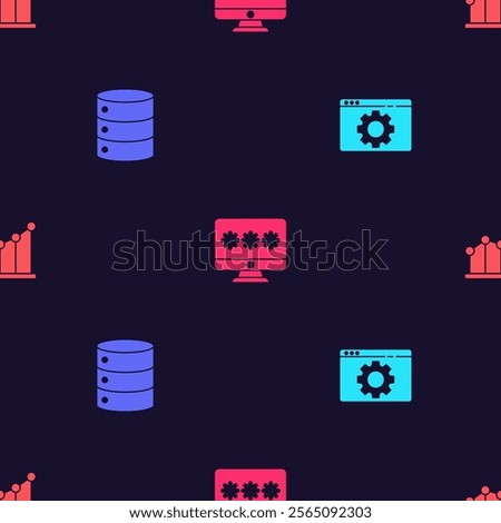 Set Browser setting, Server, Data, Web Hosting, Monitor with password and Pie chart infographic on seamless pattern. Vector